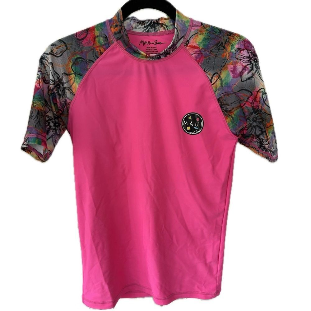 Maui And Sons Women's 50+ UPF Floral Graphic Rash Guard Surf Shirt Tee Beach M